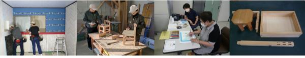 壁に向かって作業する男性、木の椅子を造る男性、絵に色を付ける男性、完成した箱と椅子
